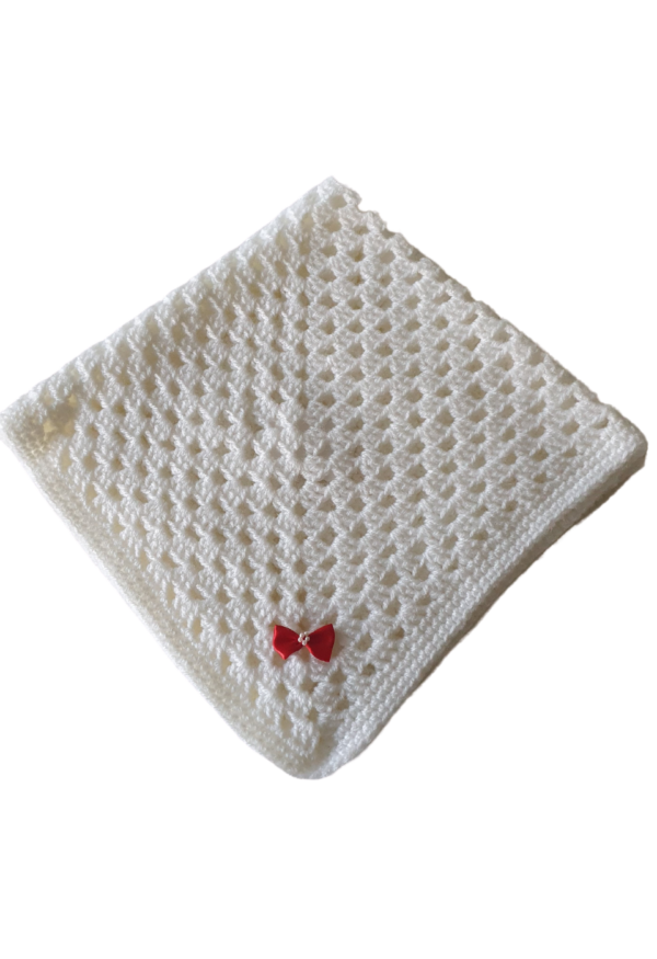 Crochet Buggy Blanket/Car Seat Cover | White/Red Bow - Image 2