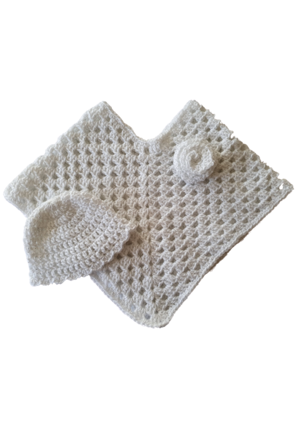 SilverdustUK Crochet Poncho& Hat White Silver Sparkle